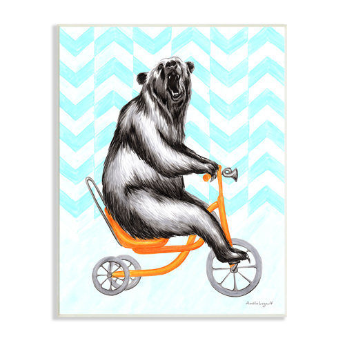 Stupell Industries Roaring Bear Riding Tricycle Whimsical Chevron Pattern On Wood by Amelie